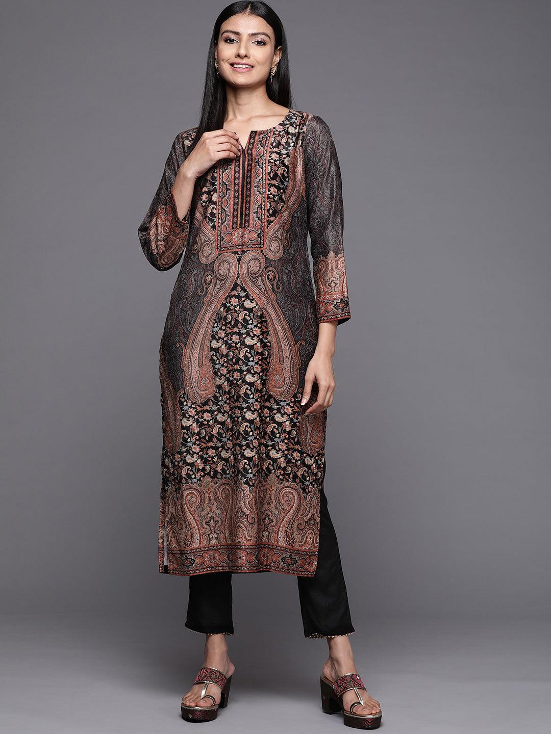 Black Printed Velvet Straight Kurta