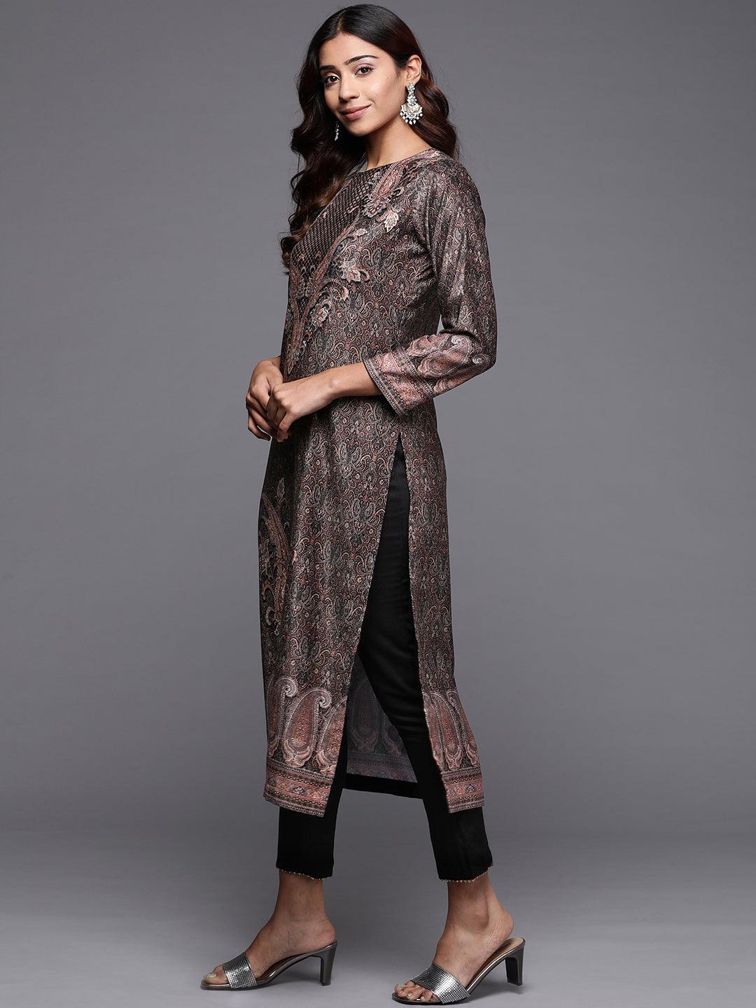 Black Printed Velvet Straight Kurta