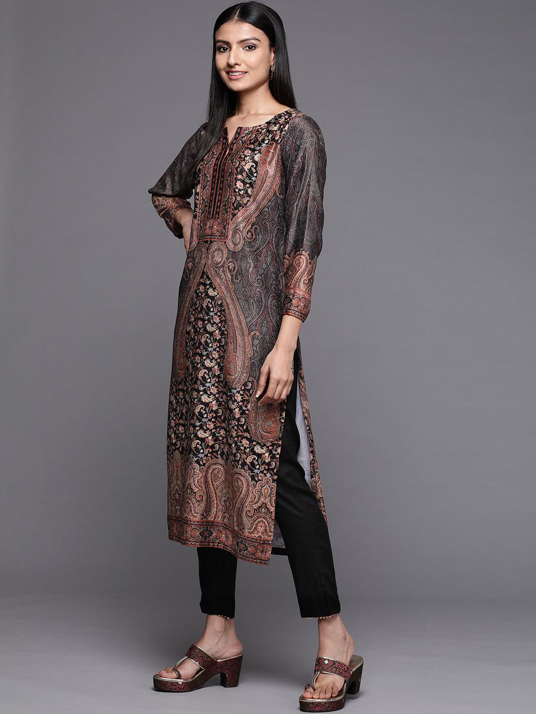 Black Printed Velvet Straight Kurta