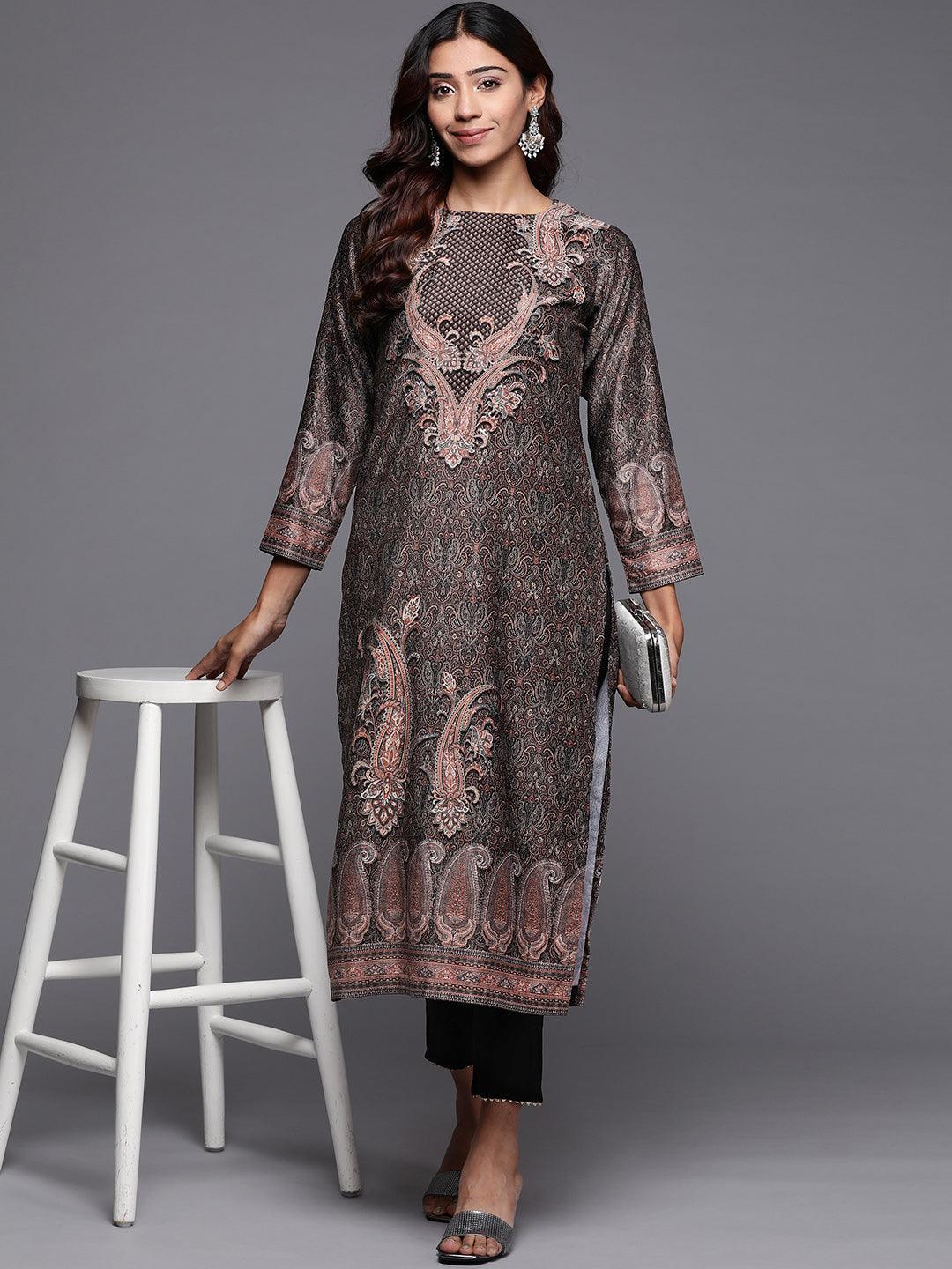 Black Printed Velvet Straight Kurta