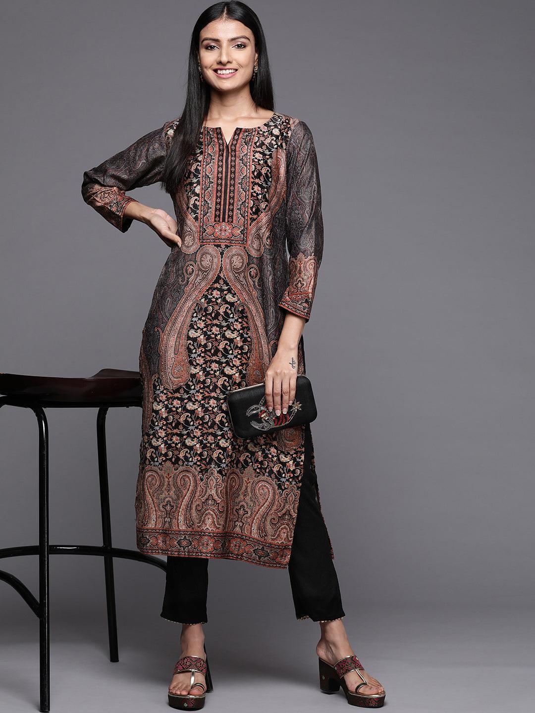 Black Printed Velvet Straight Kurta