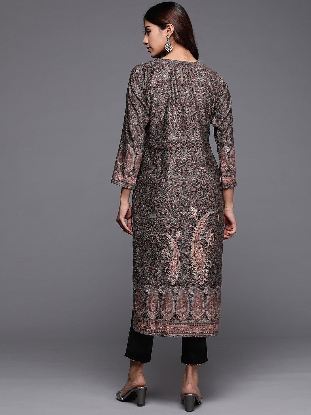 Black Printed Velvet Straight Kurta - Libas