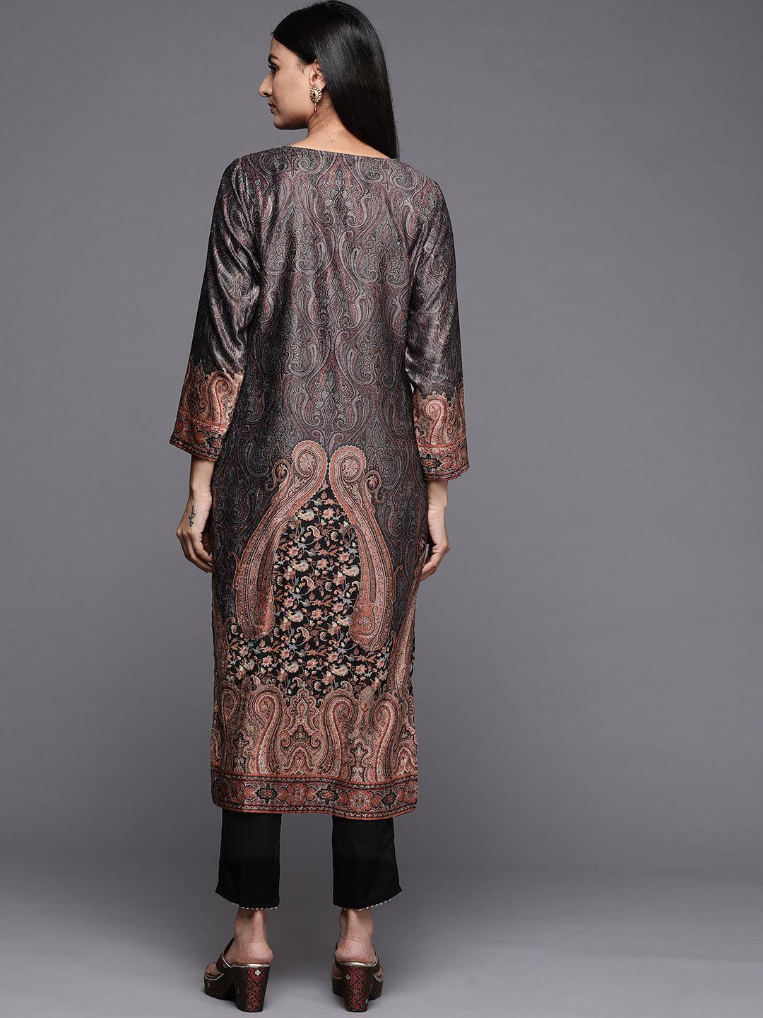 Black Printed Velvet Straight Kurta