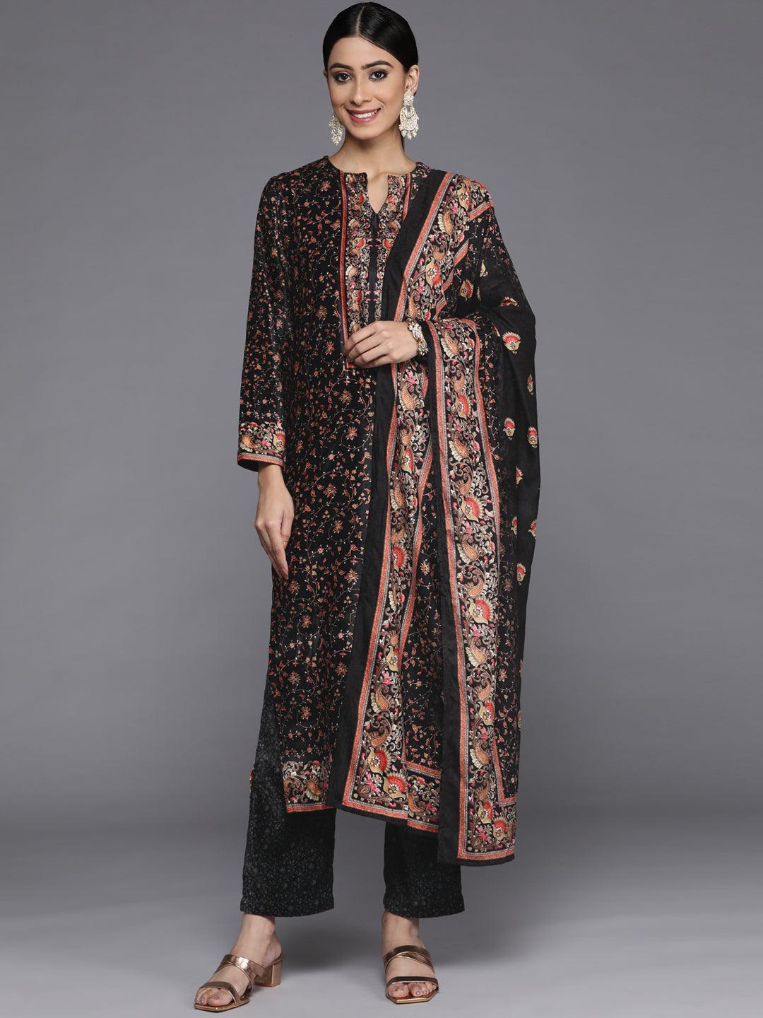 Black Printed Velvet Straight Suit Set With Trousers - Libas