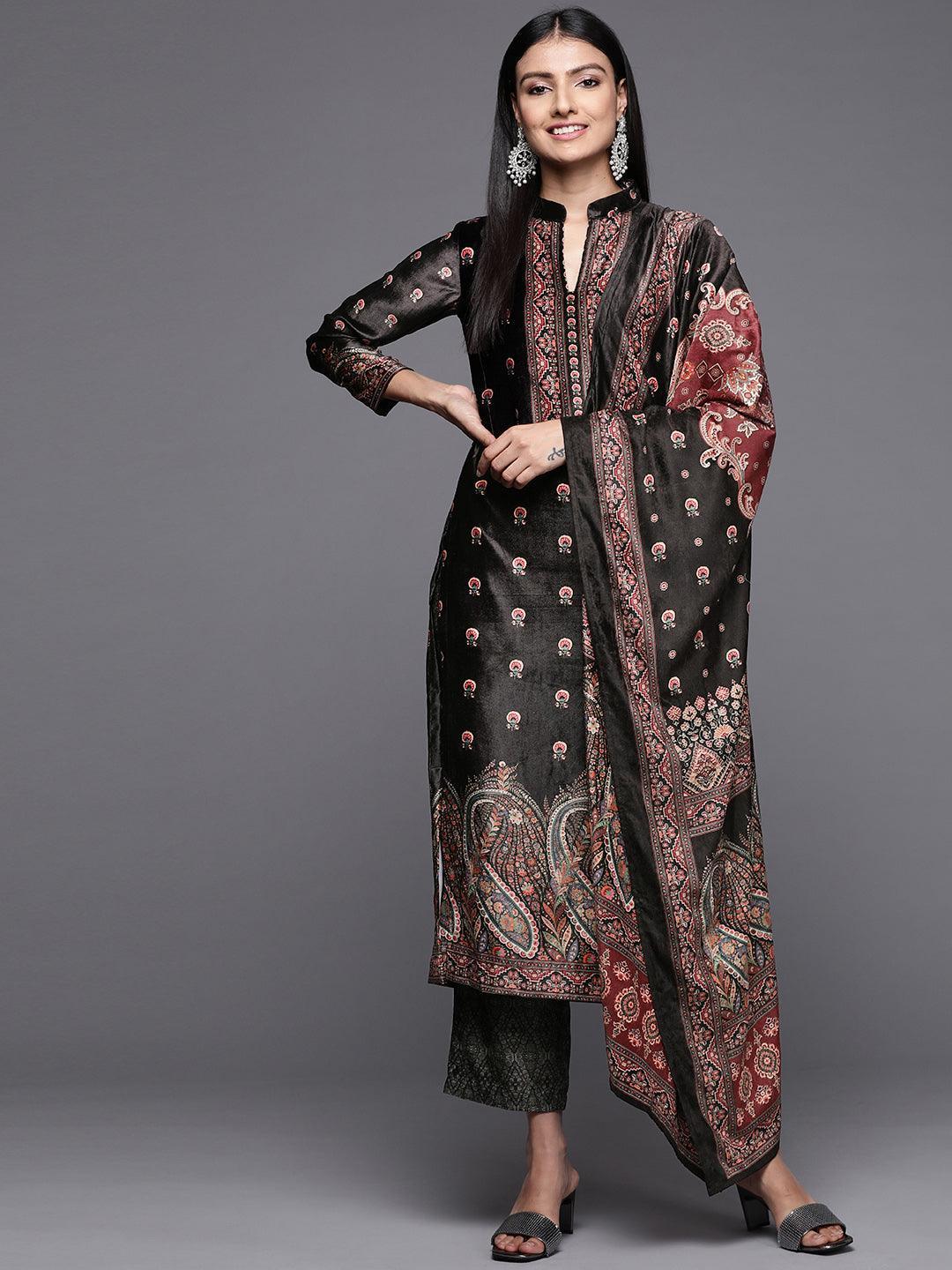 Black Printed Velvet Straight Suit Set - ShopLibas