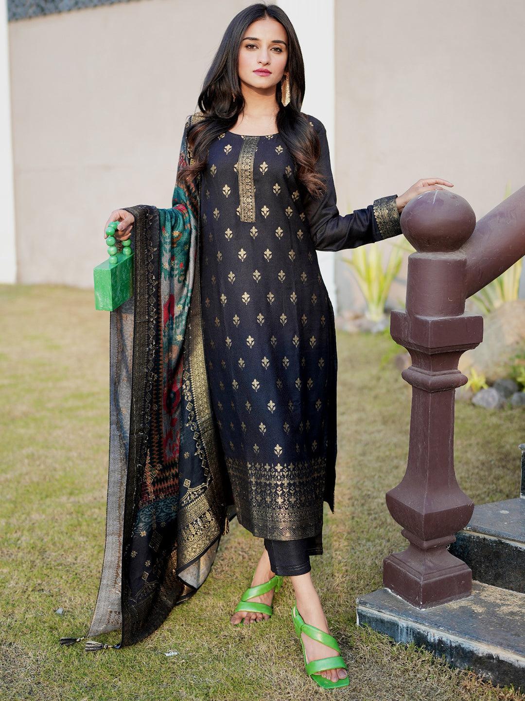 Black Self Design Pashmina Wool Straight Suit Set