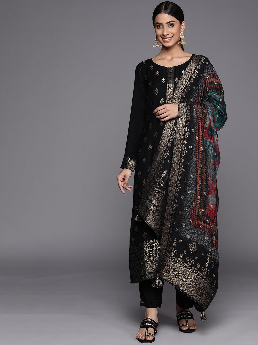 Black Self Design Pashmina Wool Straight Suit Set