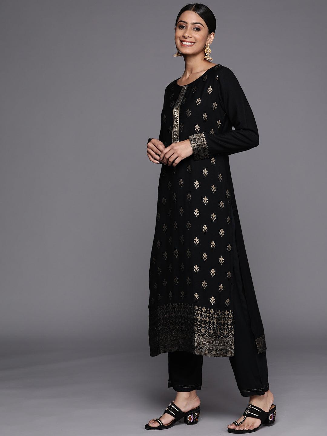 Black Self Design Pashmina Wool Straight Suit Set