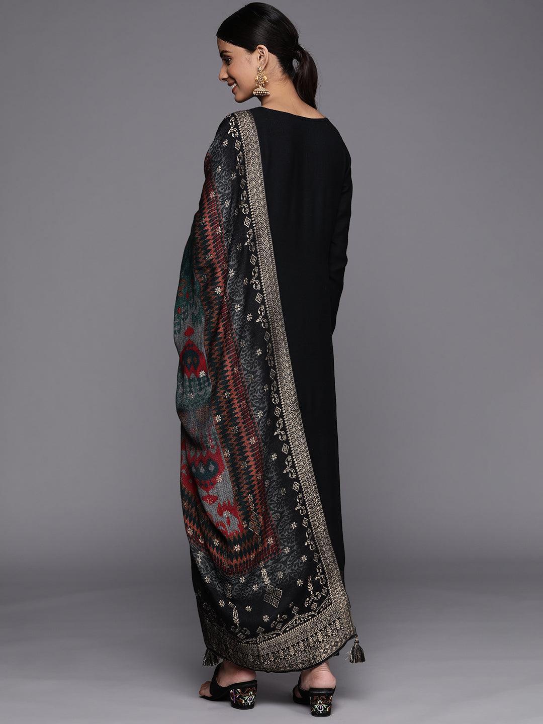 Black Self Design Pashmina Wool Straight Suit Set