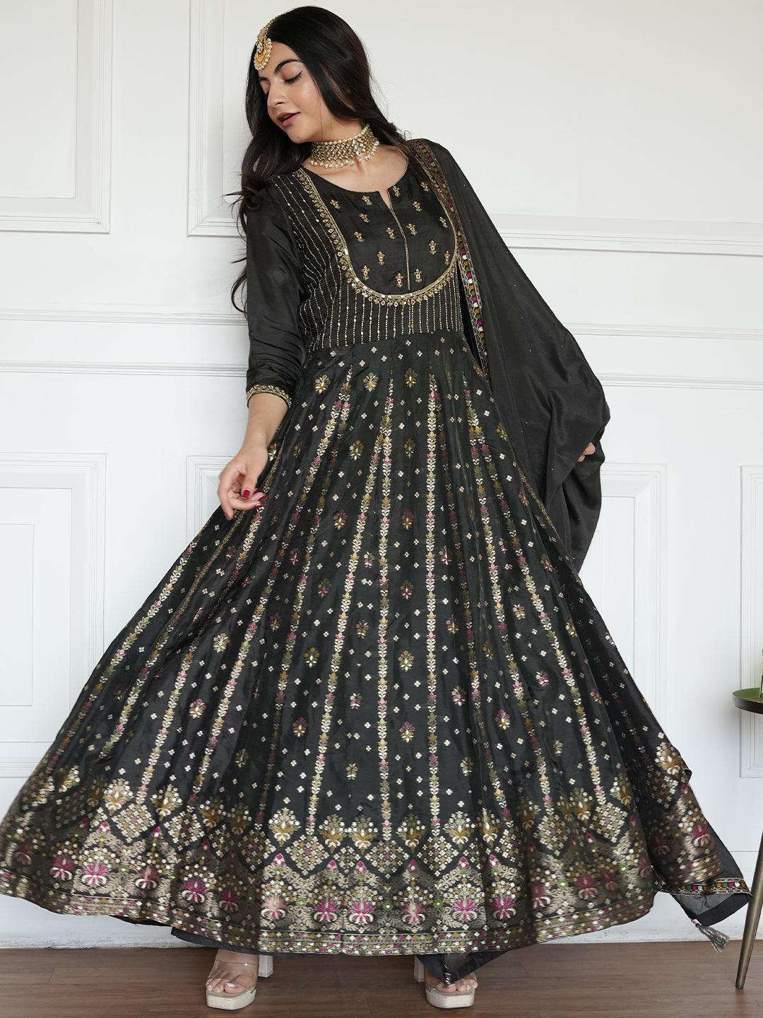 Black Self Design Silk Anarkali Suit Set