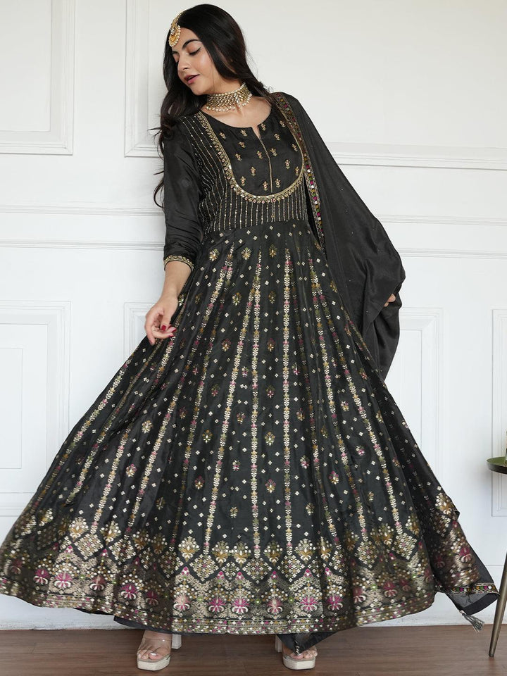 Black Self Design Silk Anarkali Suit Set - ShopLibas