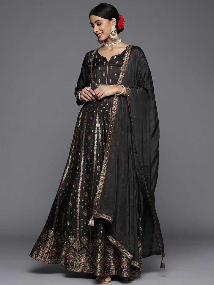 Black Self Design Silk Anarkali Suit Set - ShopLibas