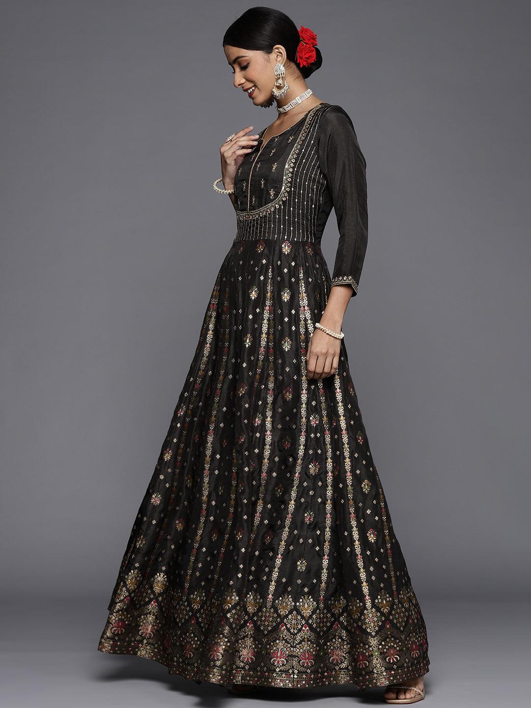 Black Self Design Silk Anarkali Suit Set - ShopLibas