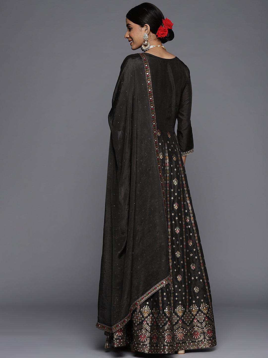 Black Self Design Silk Anarkali Suit Set - ShopLibas