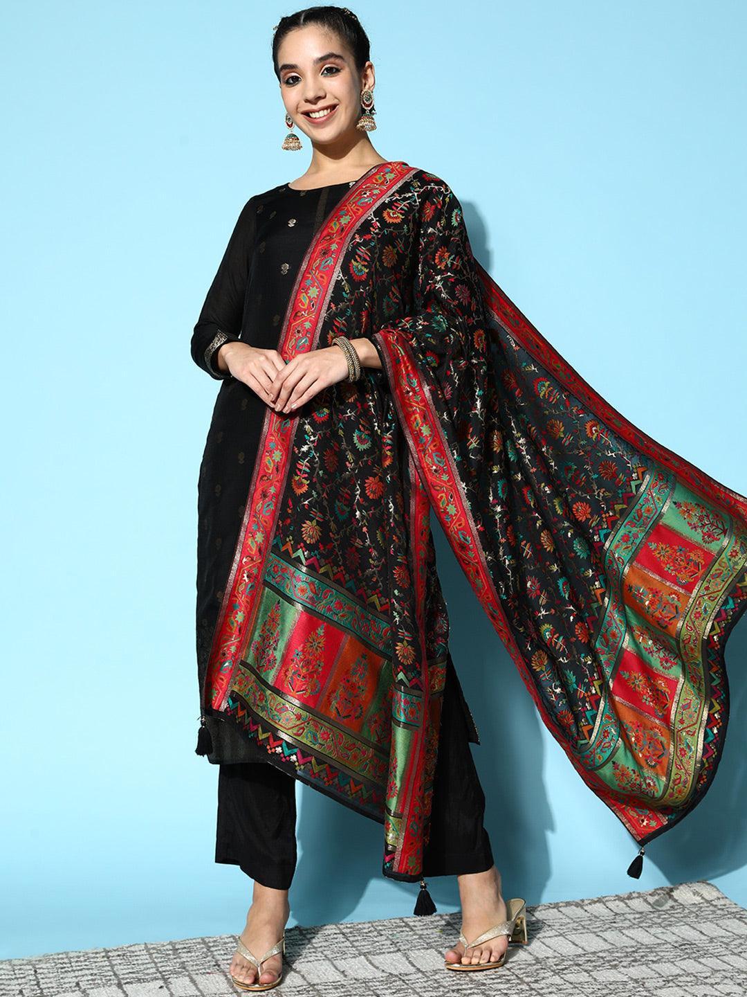 Black Self Design Silk Blend Straight Suit Set