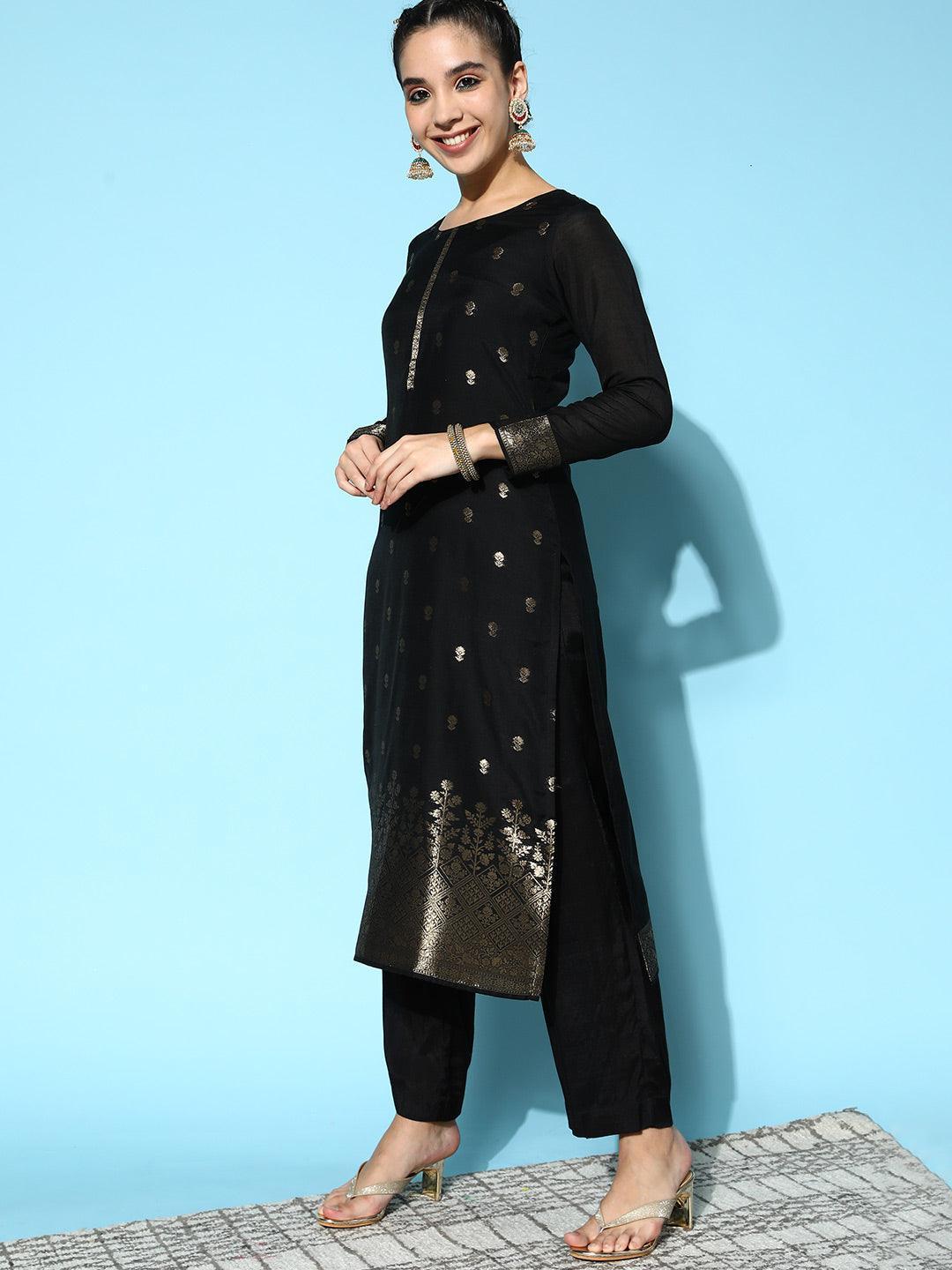 Black Self Design Silk Blend Straight Suit Set