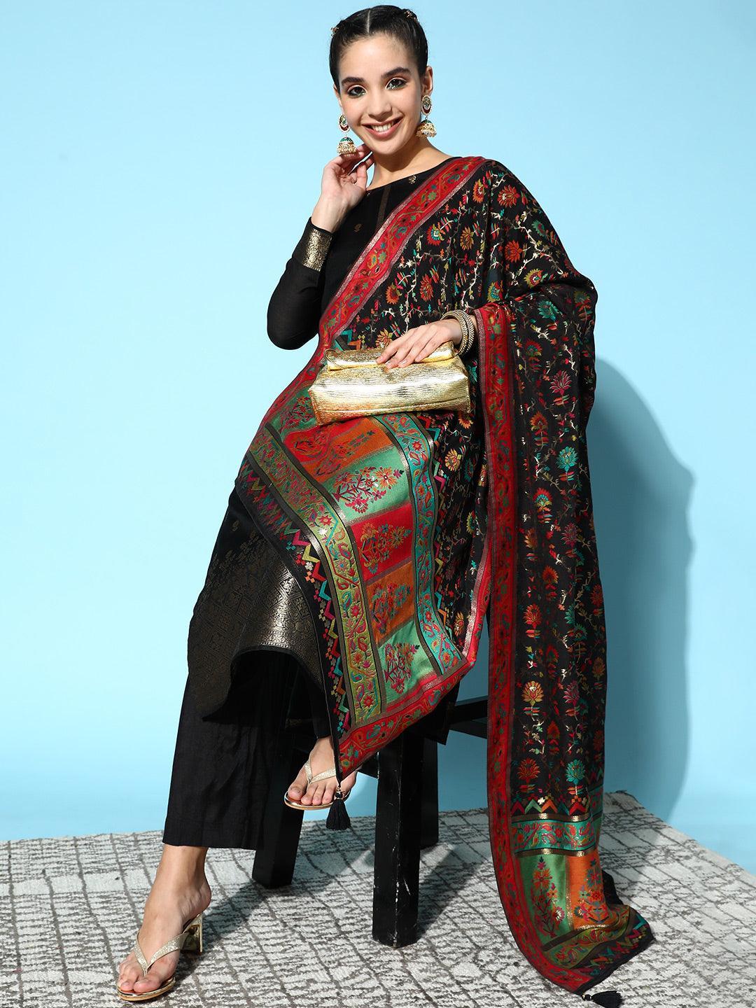 Black Self Design Silk Blend Straight Suit Set