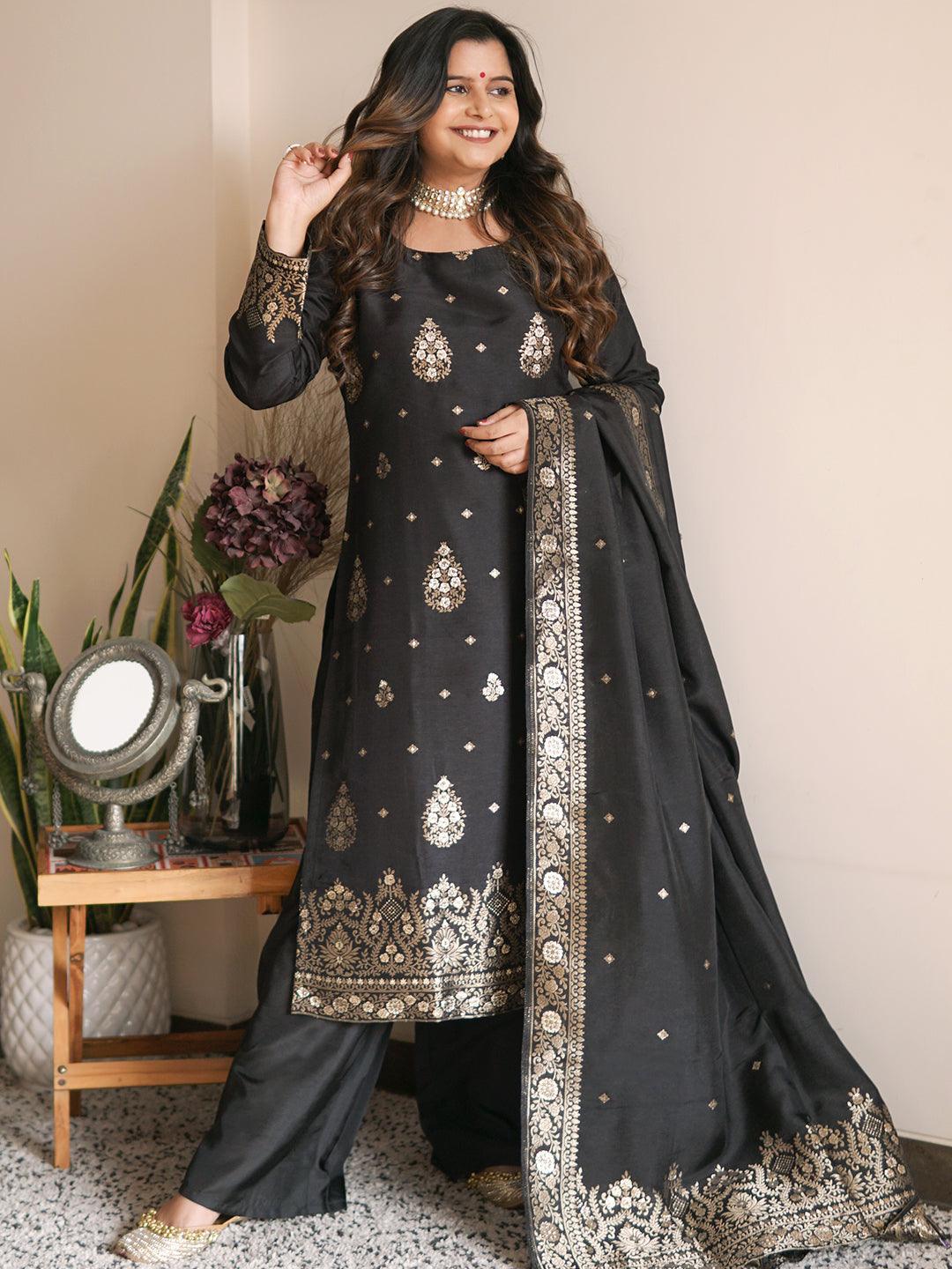 Black Self Design Silk Straight Suit Set