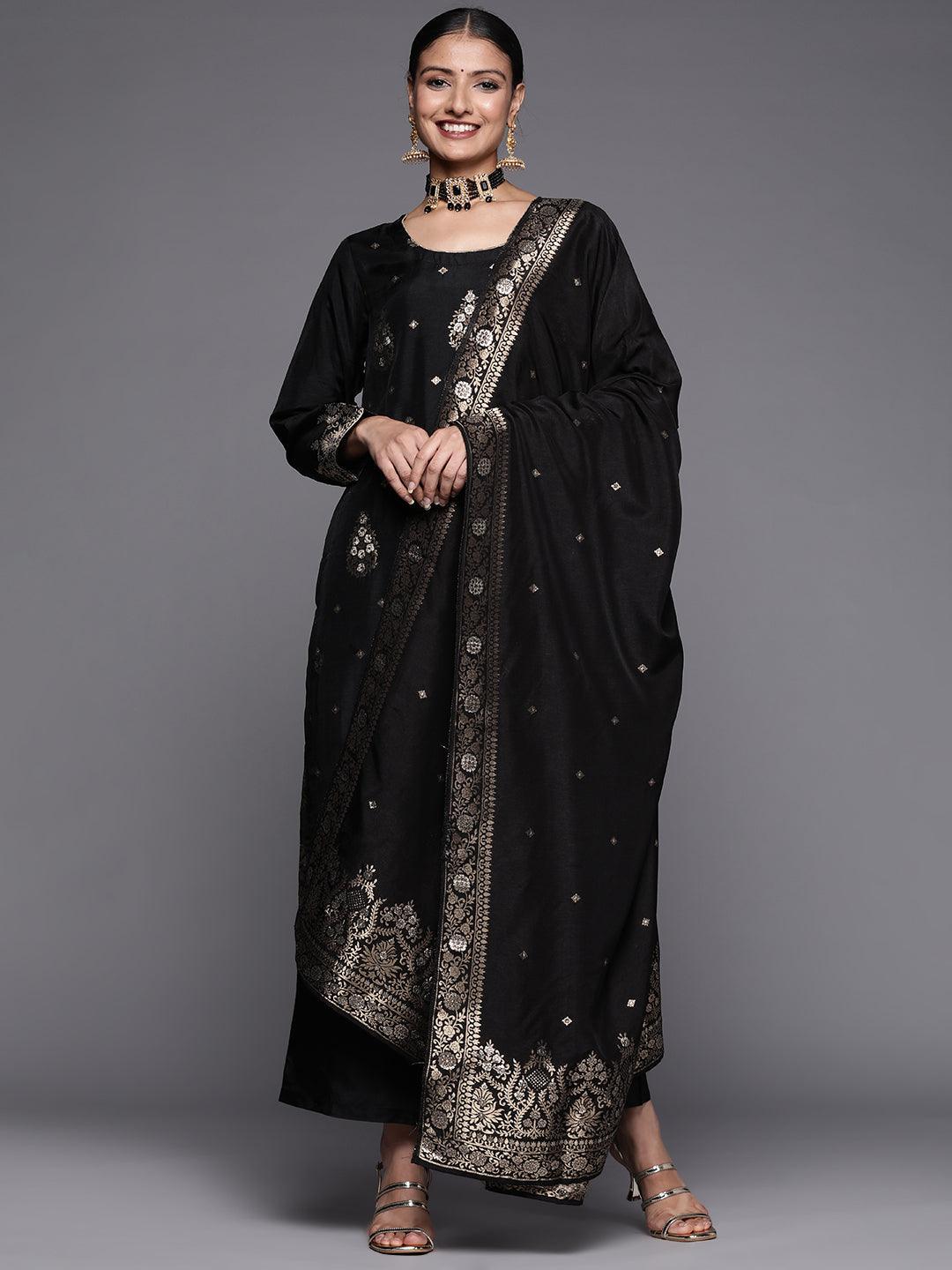 Black Self Design Silk Straight Suit Set