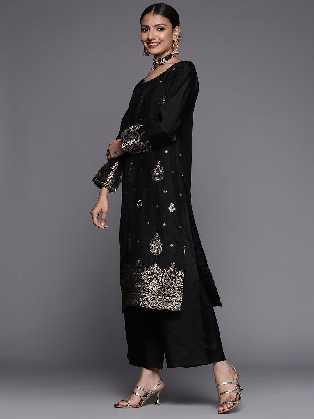 Black Self Design Silk Straight Suit Set