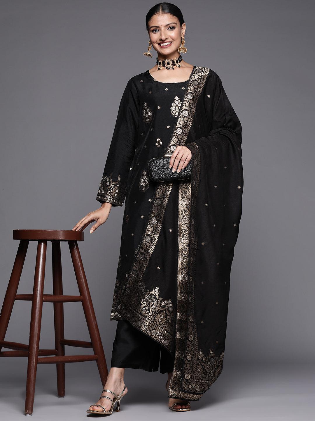 Black Self Design Silk Straight Suit Set