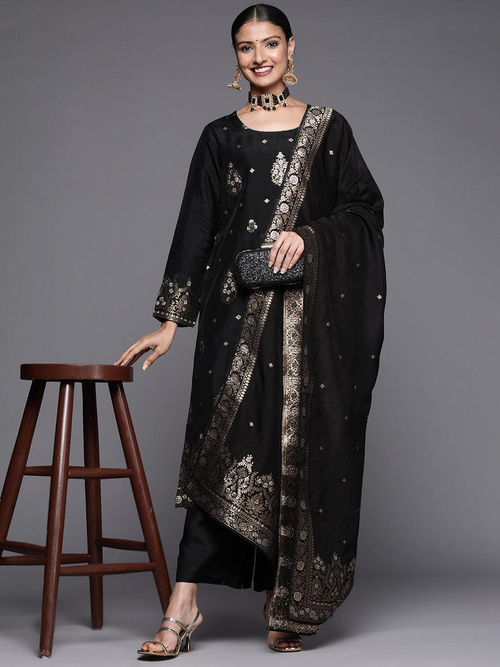 Black Self Design Silk Straight Suit Set - ShopLibas