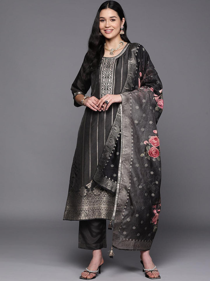 Black Self Design Silk Suit Set With Trousers - ShopLibas