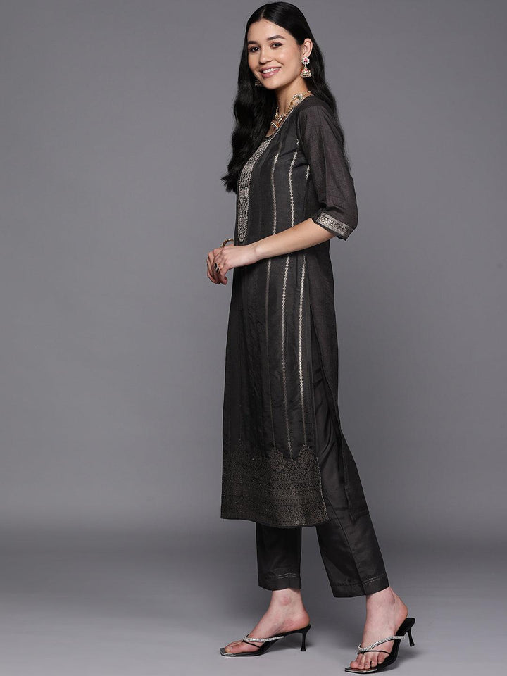 Black Self Design Silk Suit Set With Trousers - ShopLibas