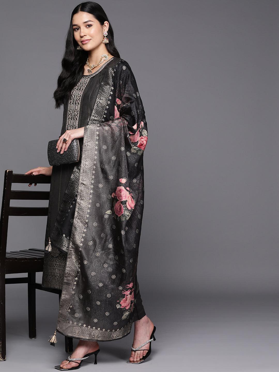 Black Self Design Silk Suit Set With Trousers - ShopLibas