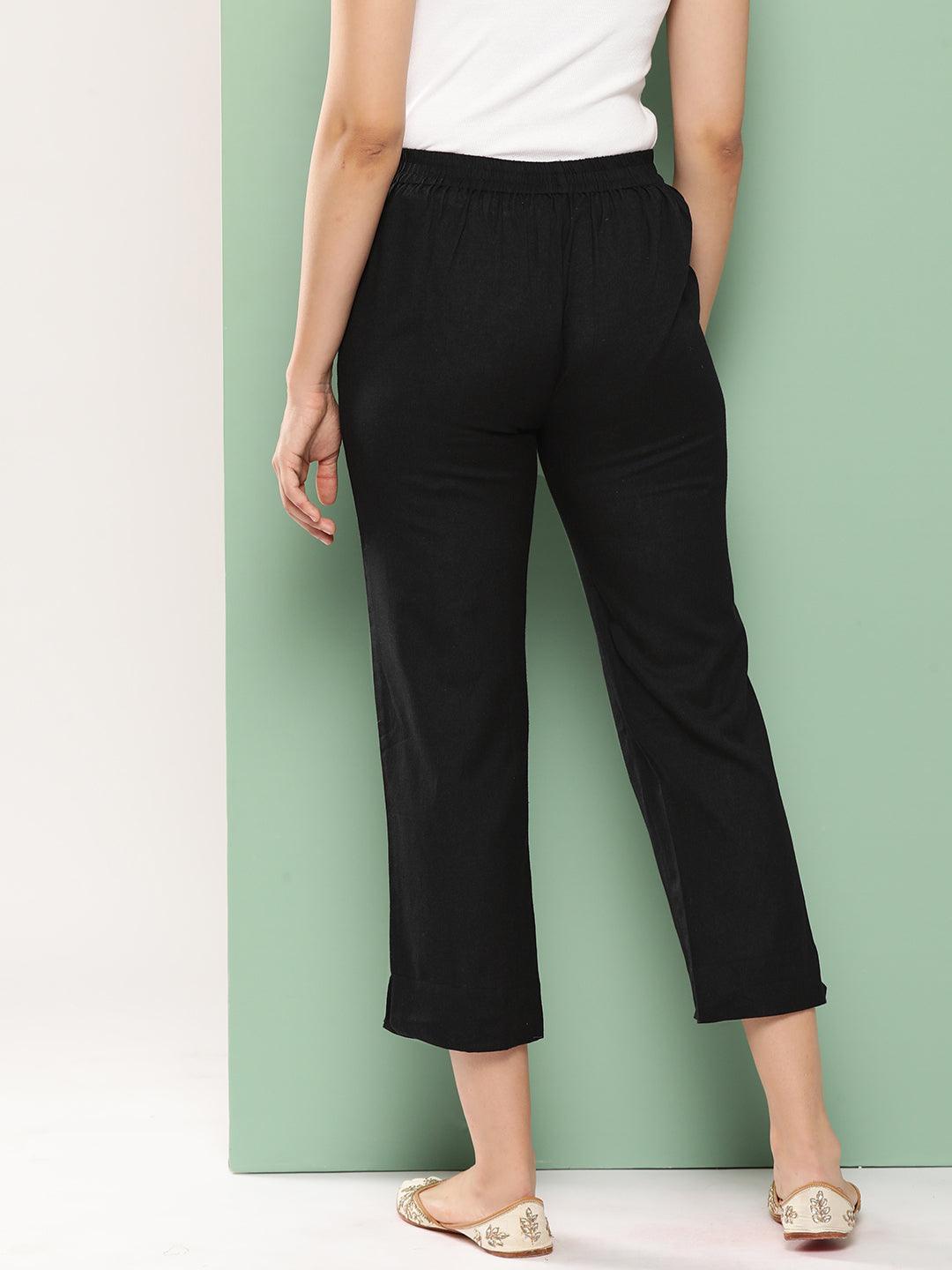 Black Solid Cotton Trousers