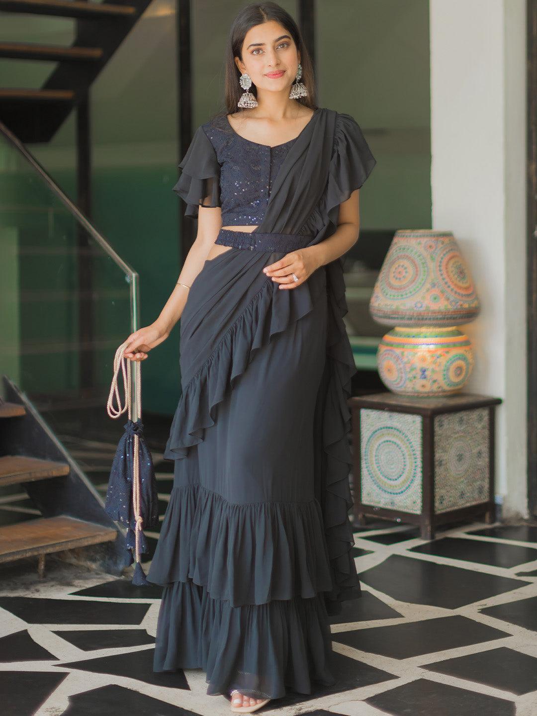 Black Solid Georgette Ready to Wear Saree With Potli