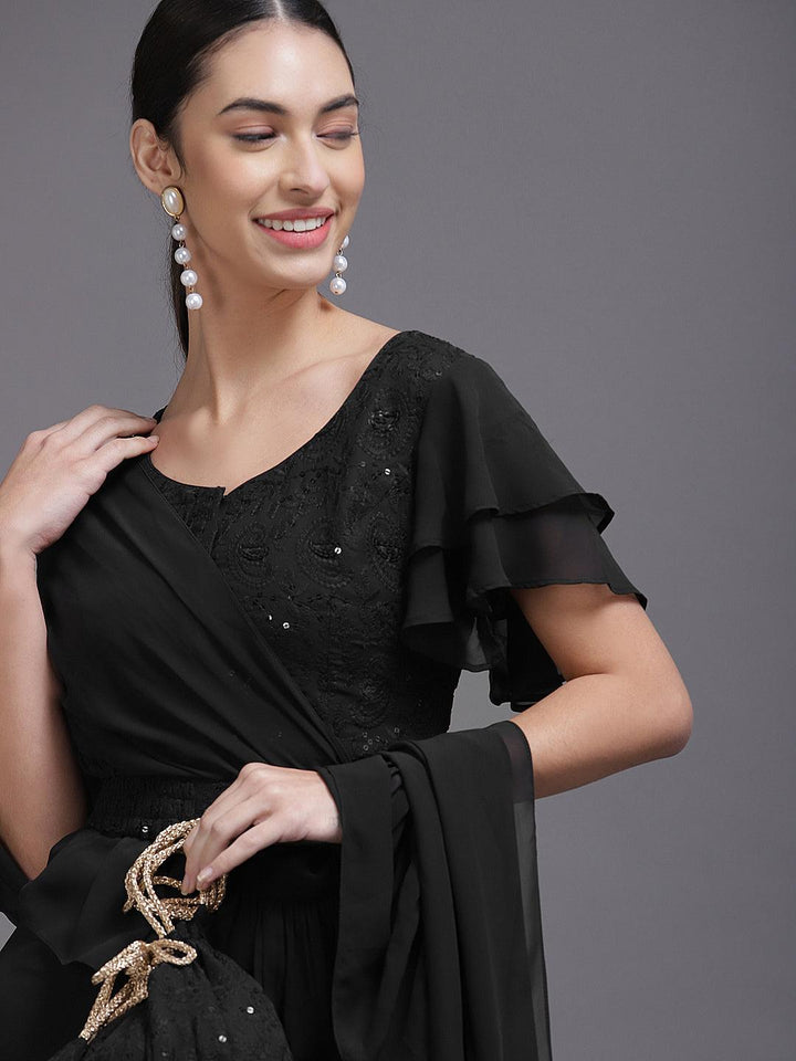 Black Solid Georgette Ready to Wear Saree With Potli - ShopLibas