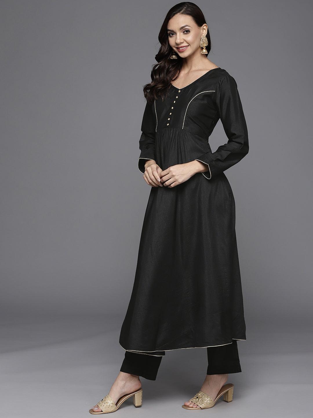 Black Solid Silk Blend Suit Set - ShopLibas