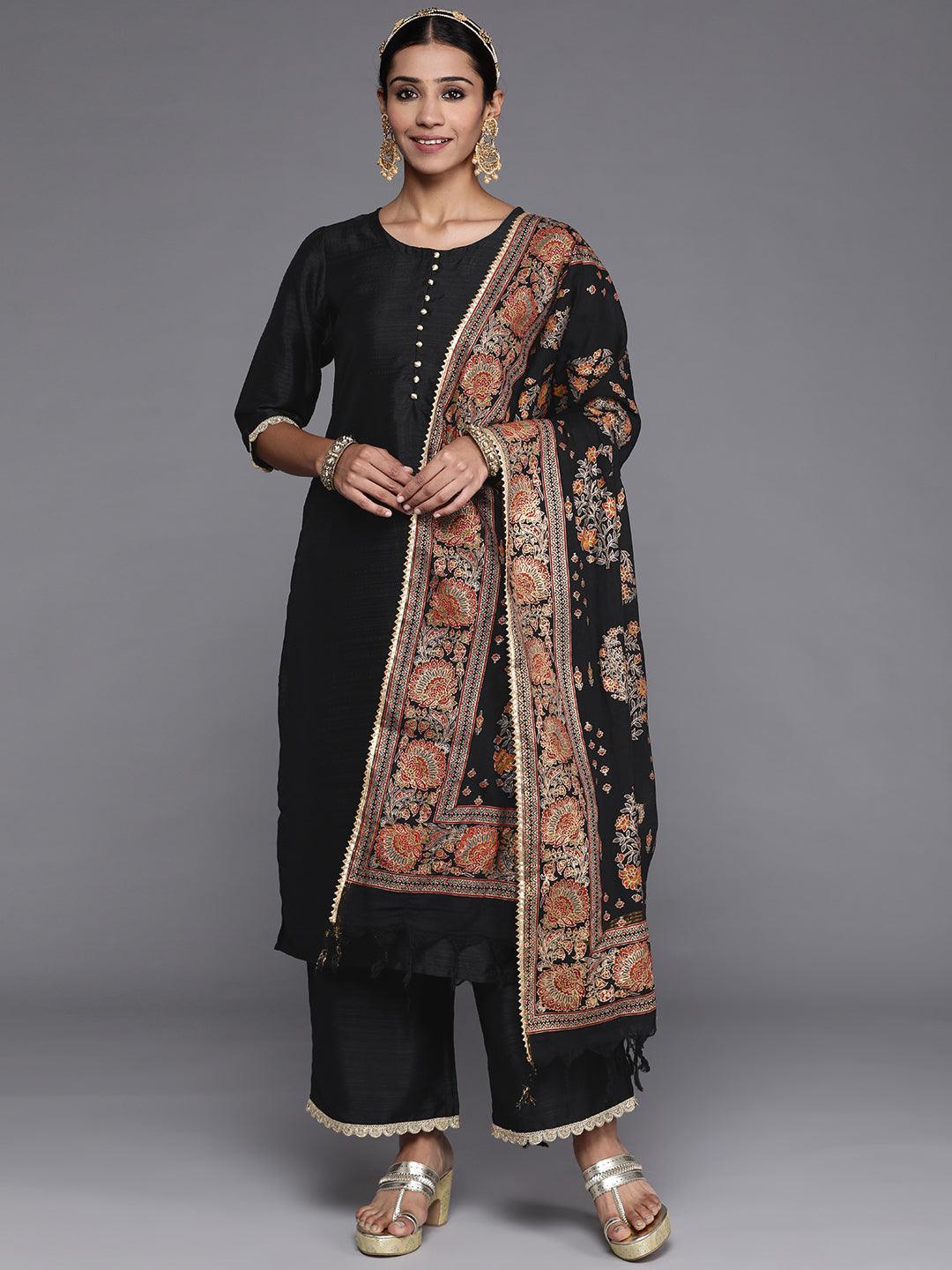 Black Solid Silk Blend Straight Kurta With Palazzos & Dupatta