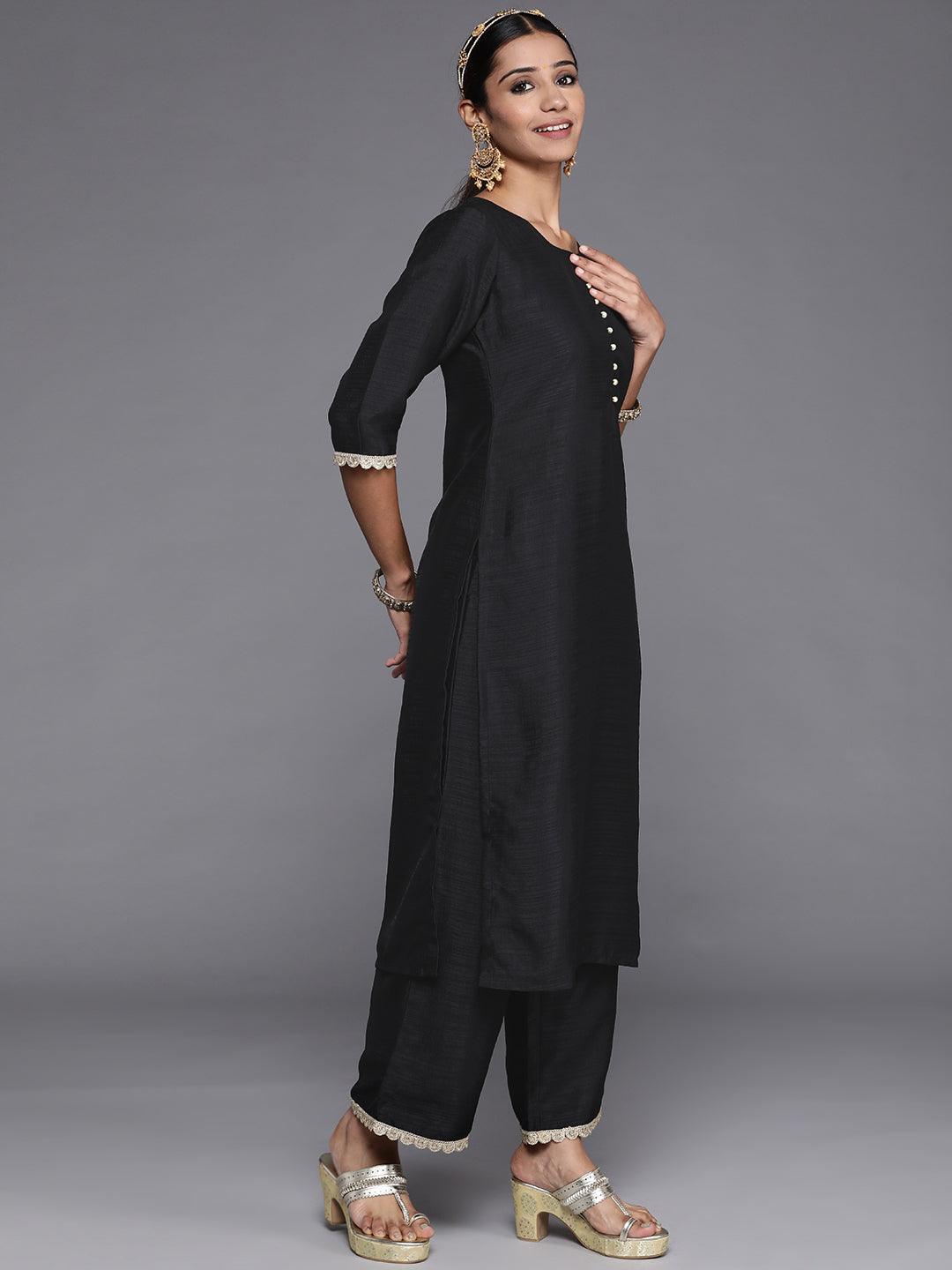 Black Solid Silk Blend Straight Kurta With Palazzos & Dupatta