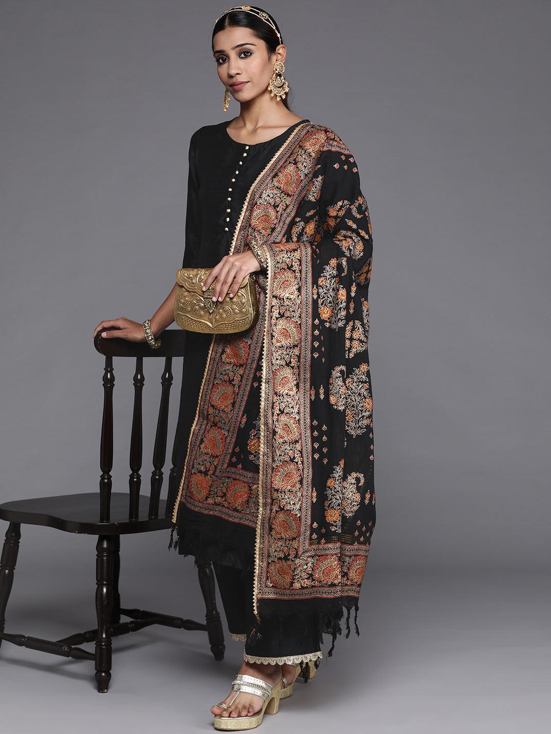 Black Solid Silk Blend Straight Kurta With Palazzos & Dupatta