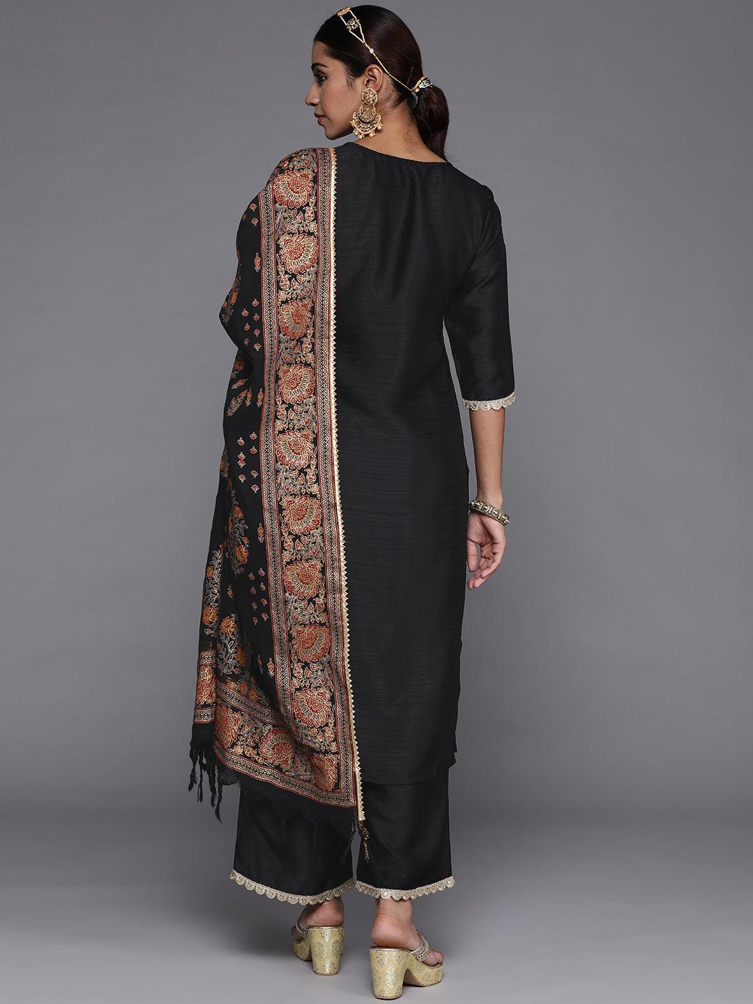 Black Solid Silk Blend Straight Kurta With Palazzos & Dupatta