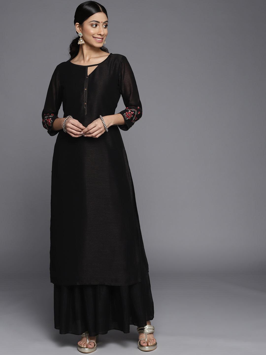 Black Solid Silk Kurta