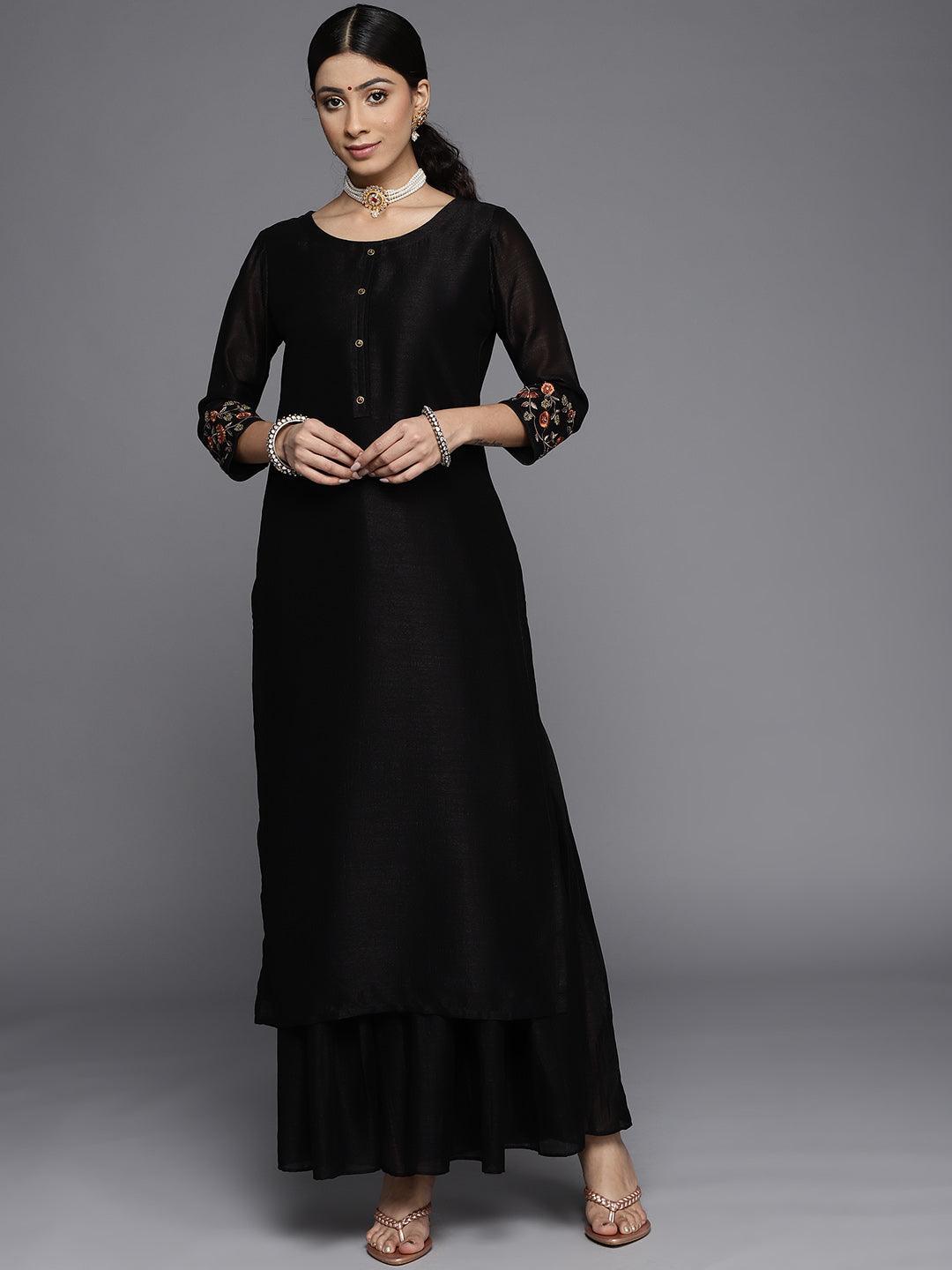 Black Solid Silk Kurta