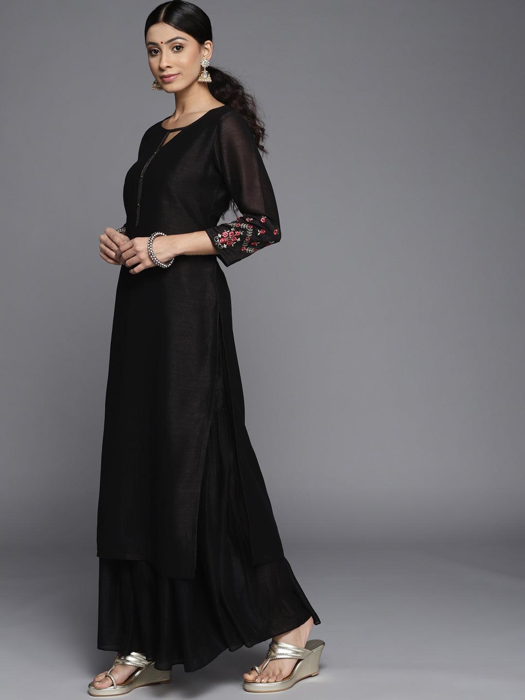 Black Solid Silk Kurta