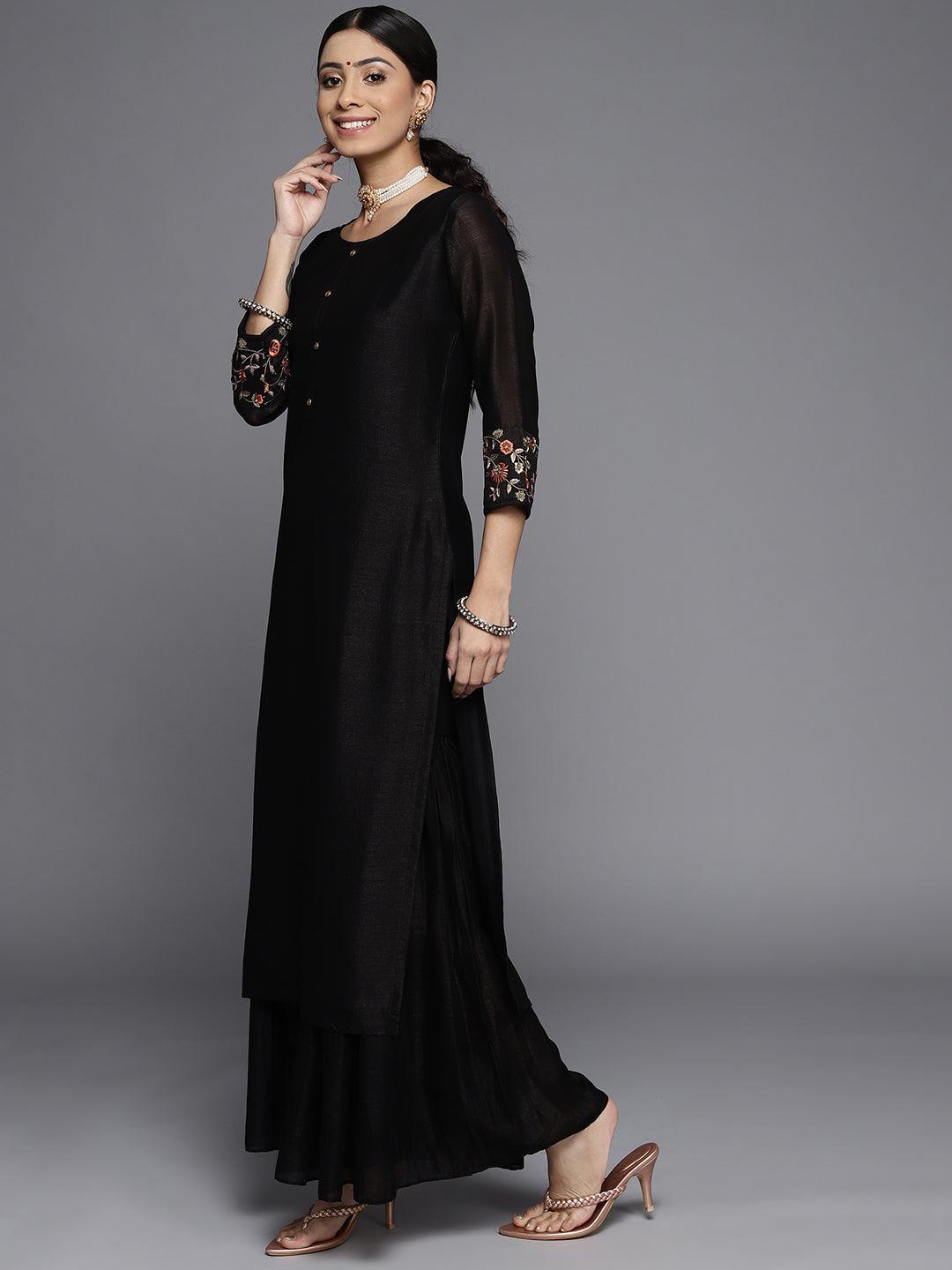 Black Solid Silk Kurta