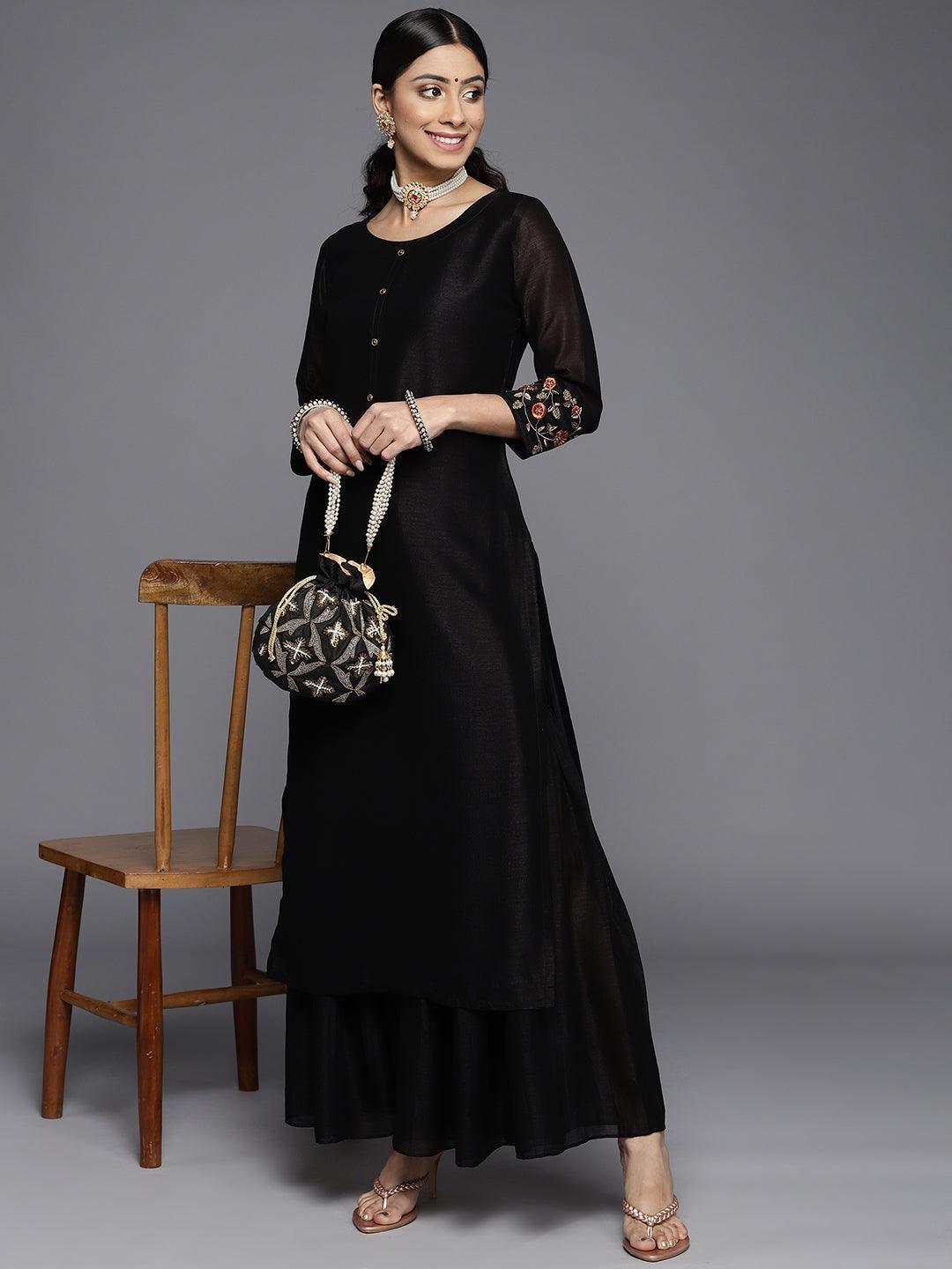 Black Solid Silk Kurta - ShopLibas