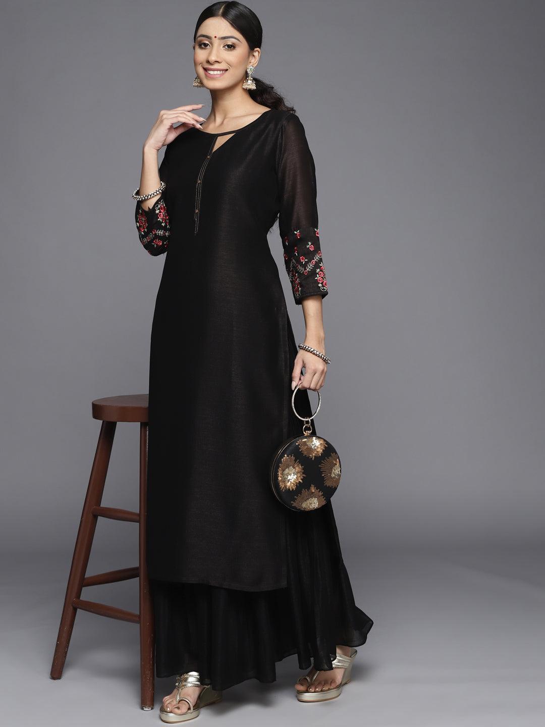 Black Solid Silk Kurta