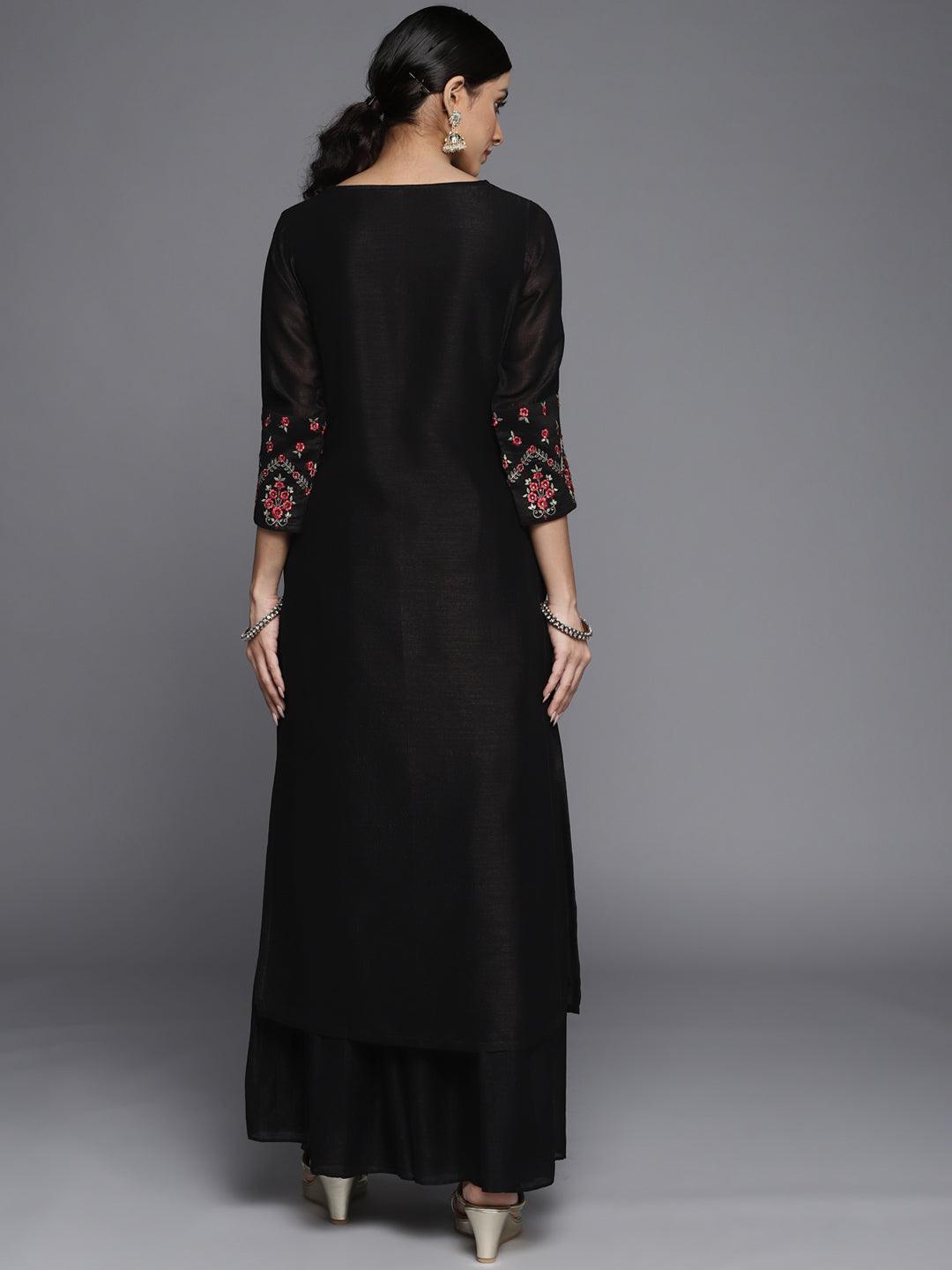 Black Solid Silk Kurta