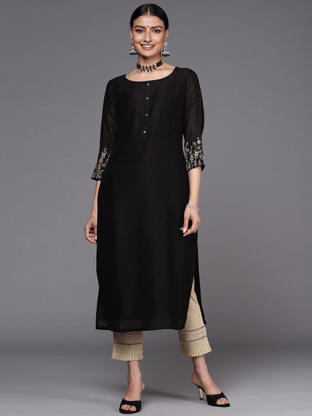 Black Solid Silk Straight Kurta