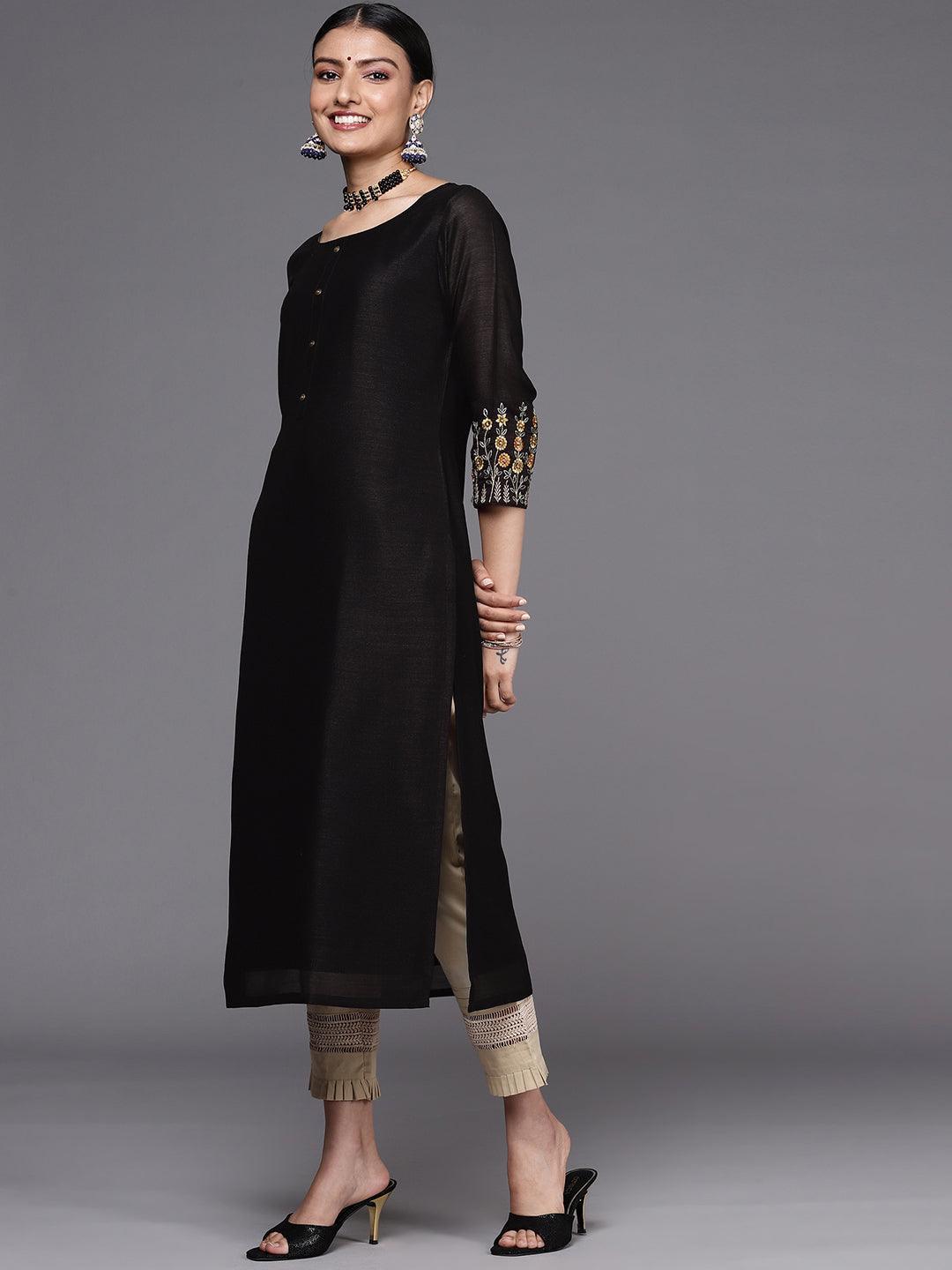 Black Solid Silk Straight Kurta