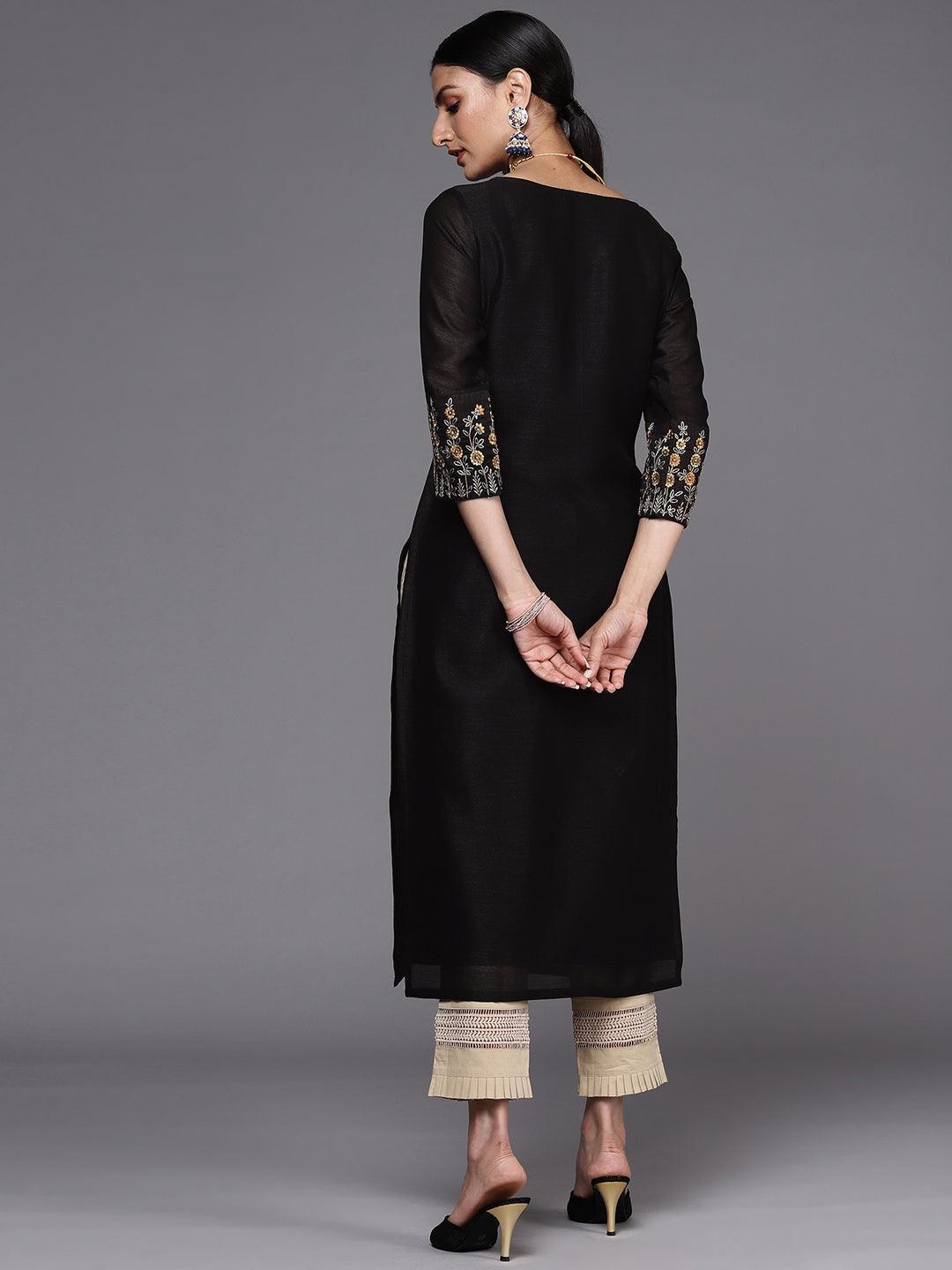 Black Solid Silk Straight Kurta