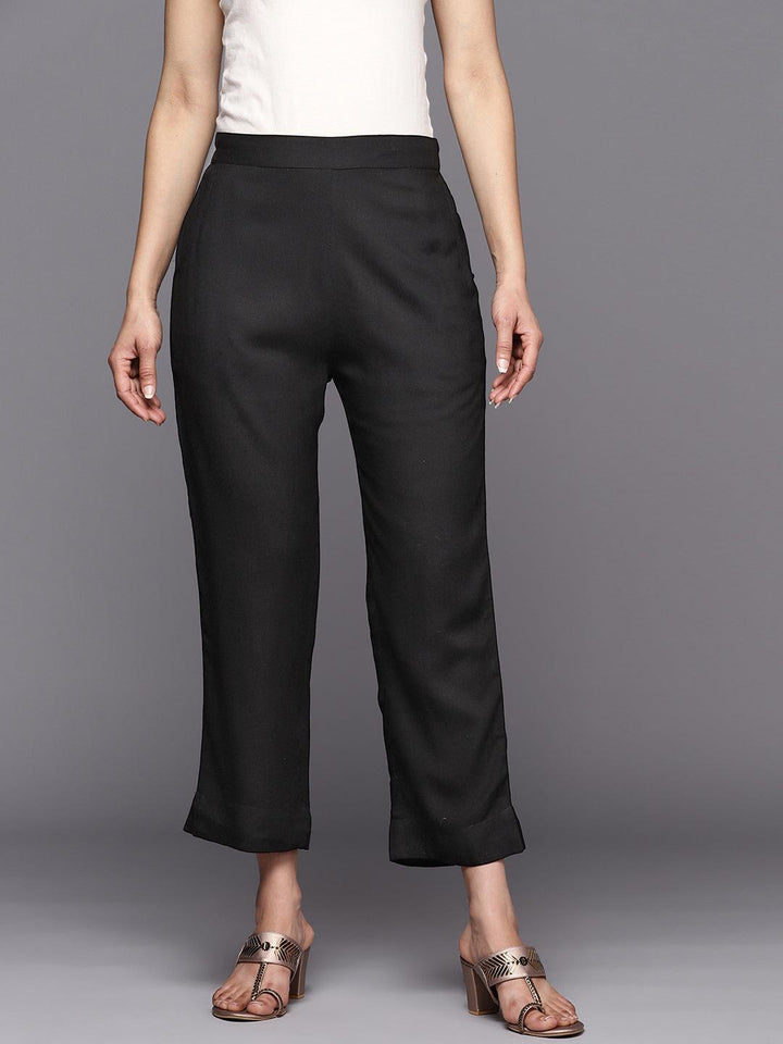 Black Solid Viscose Rayon Trousers - ShopLibas