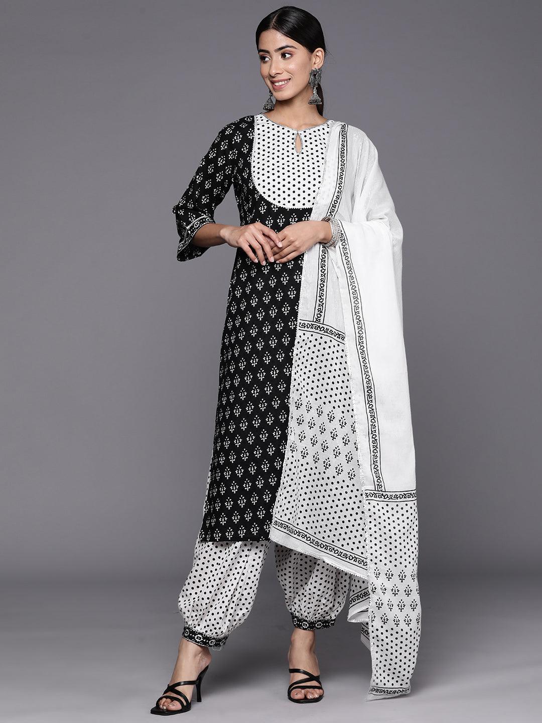 Black Yoke Design Cotton Straight Suit Set With Salwar