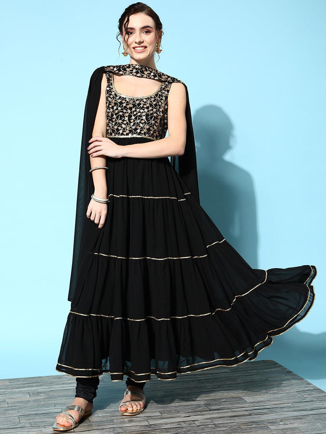 Black Yoke Design Georgette Anarkali Kurta With Churidar & Dupatta